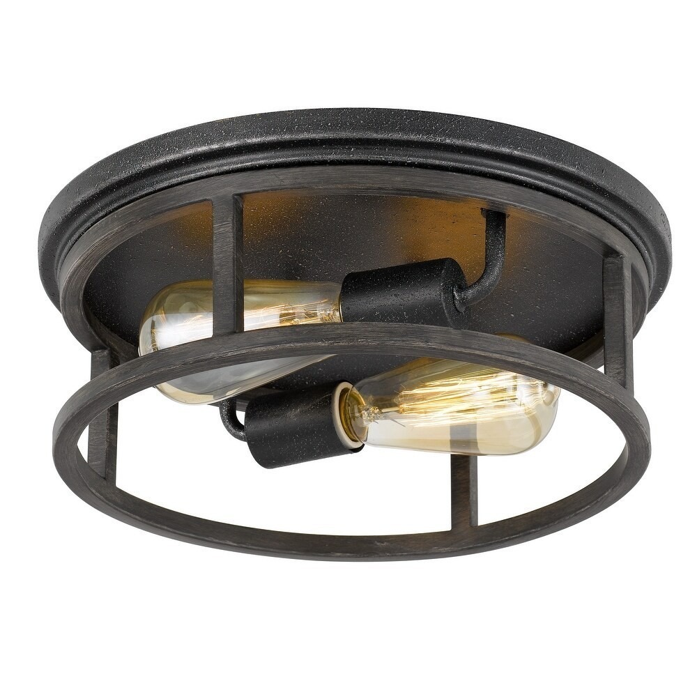2 Lights‎ Rustic Farmhouse Flush Mount Light Fixture Metal and Oak Black  Brown